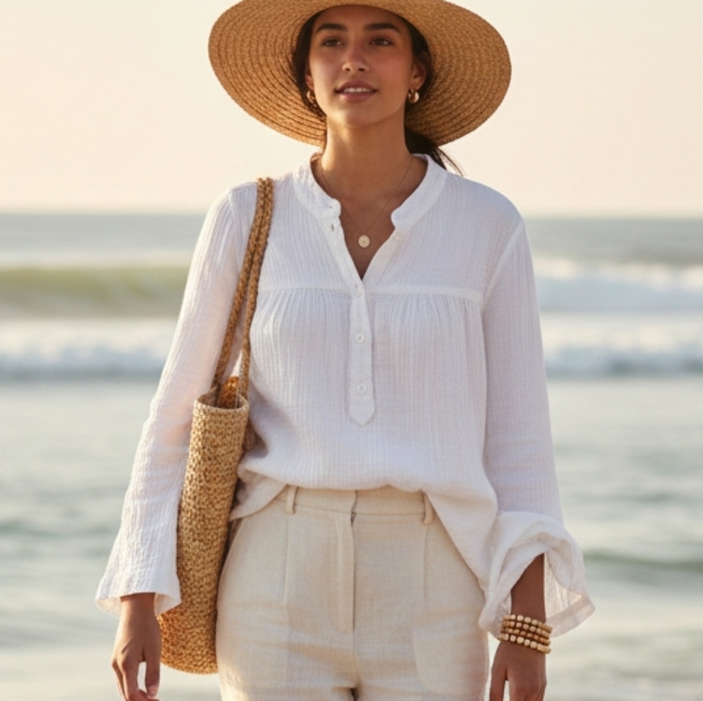 EUC J.Crew Re-Imagined White Cotton Gauze Henley Top M Coastal Grandma!